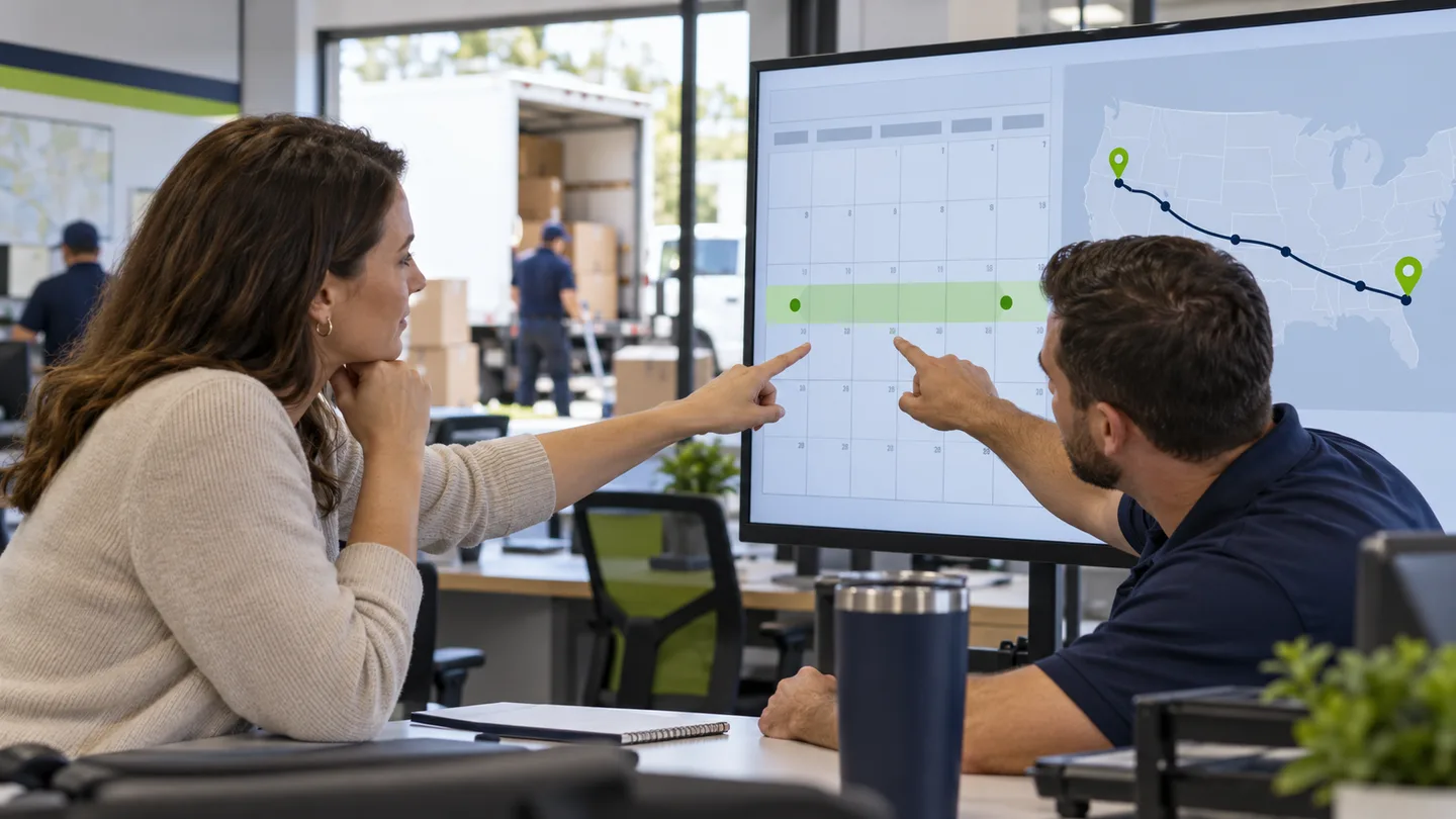 Customer and dispatcher compare a long-haul route with a delivery date range