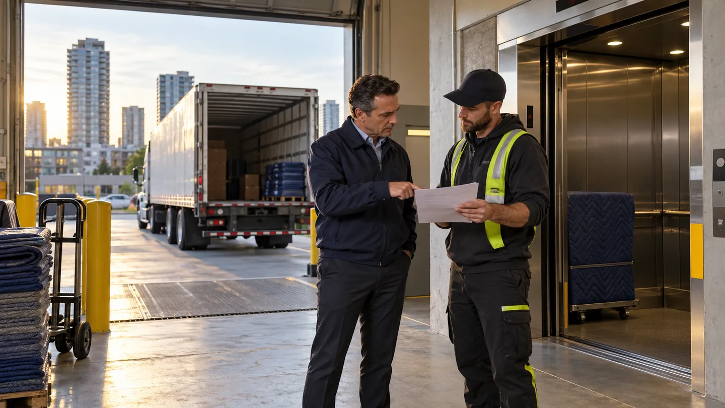 Building manager and moving crew coordinate a freight elevator with the arriving long-haul truck
