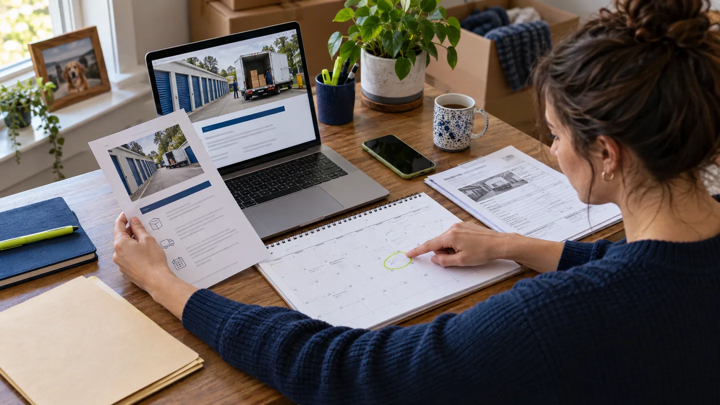 Customer compares a storage notice with a circled calendar deadline at home