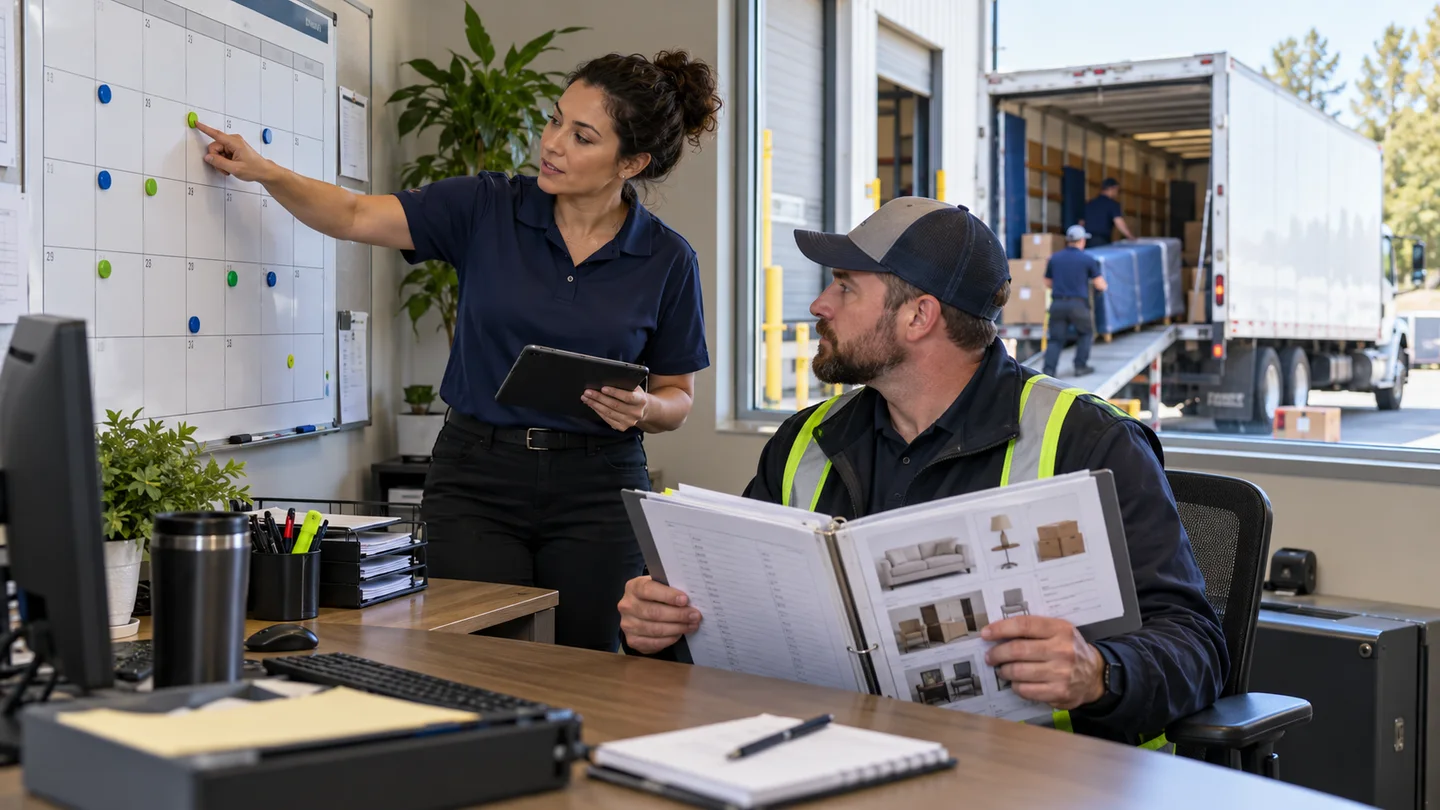 Warehouse dispatcher and supervisor coordinate a redelivery date against a planning calendar