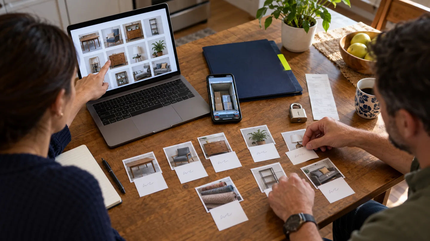 Household organizes item photographs and shipment receipts before container pickup