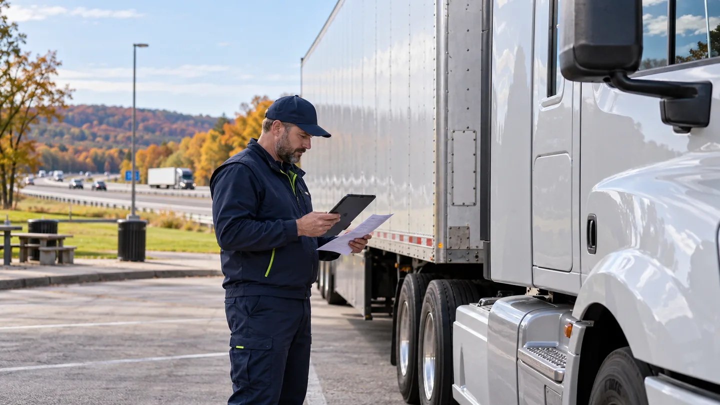 Long-haul driver checks trip records beside a parked tractor-trailer