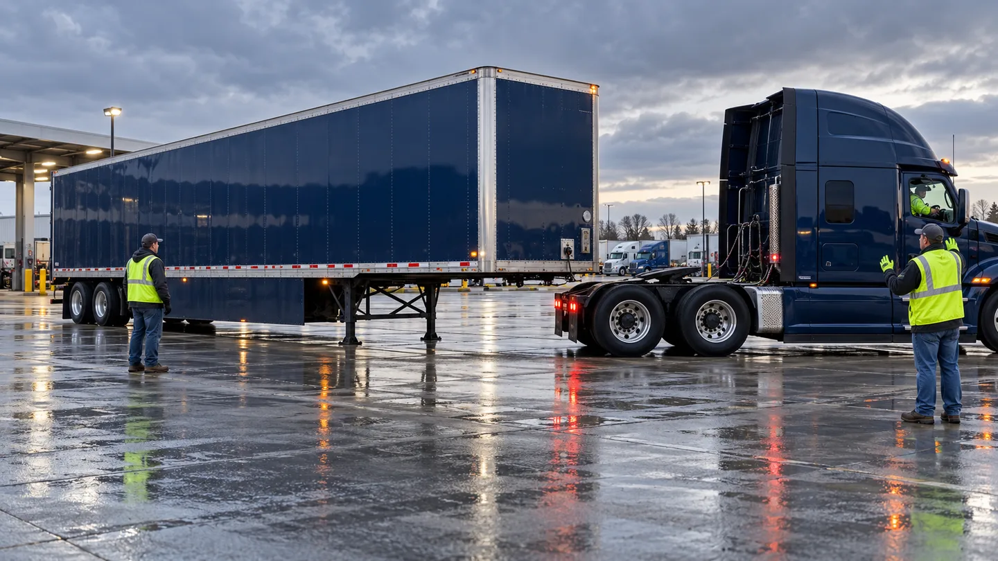 New tractor approaches the same sealed household trailer at a rain-soaked freight yard