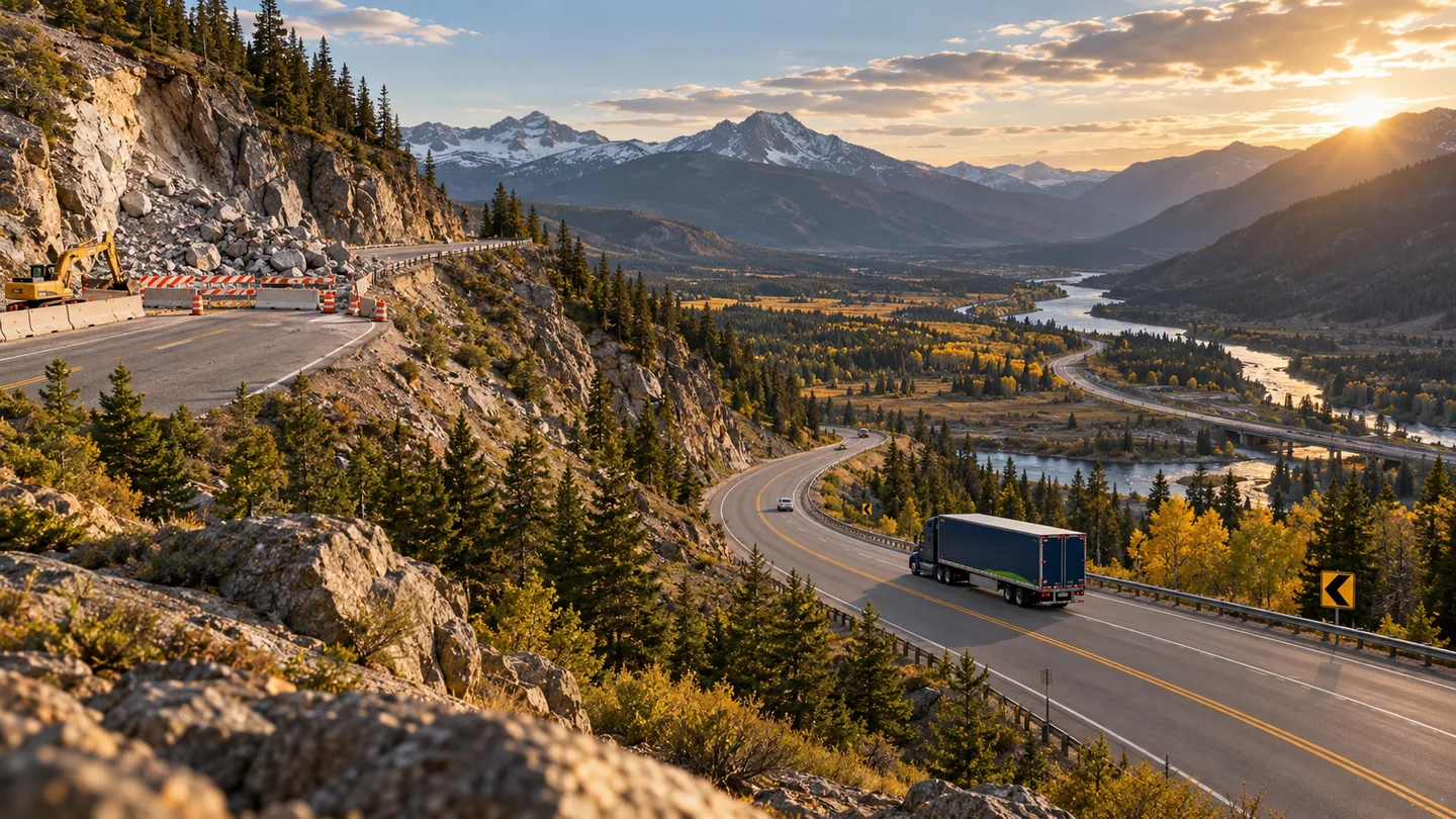 Long-haul truck follows a safe valley detour around a closed mountain road