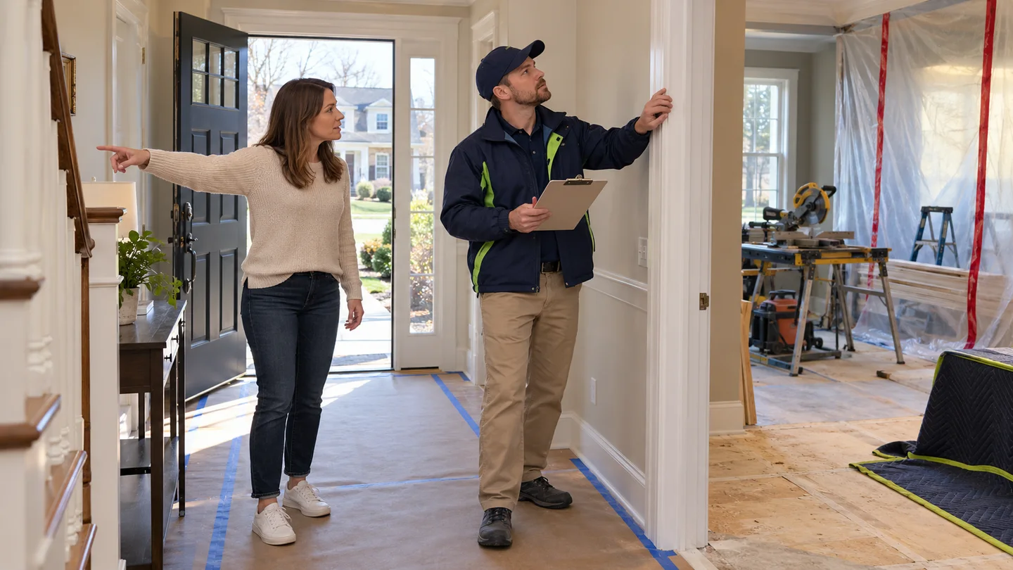 Homeowner and coordinator assess a protected route through a partly renovated destination home
