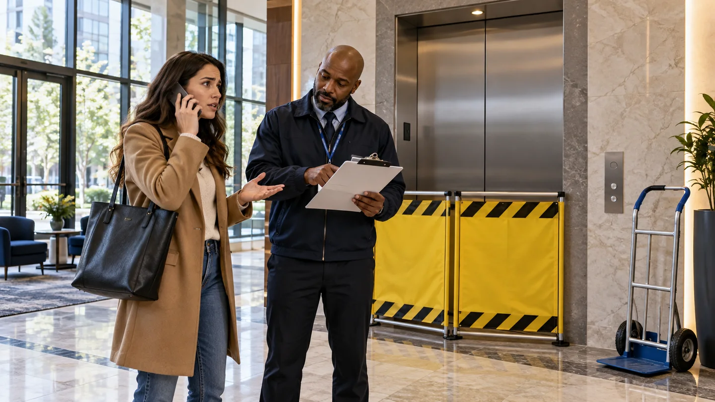 Resident calls dispatch while a building manager reviews a closed service elevator