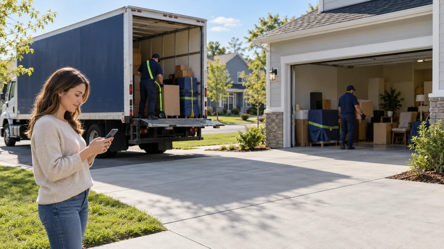 Homeowner checks the auto shipment arrival while movers unload household goods at the new home