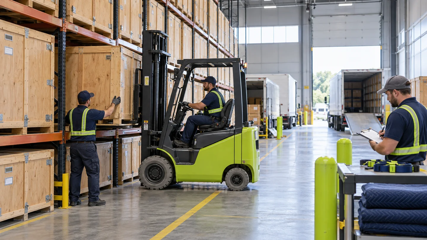 Warehouse crew retrieves a sealed storage vault for redelivery