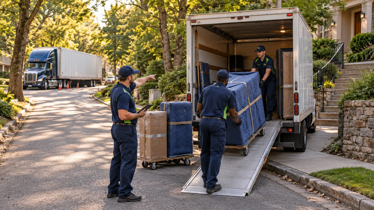 Crew uses a small shuttle truck for final delivery on a street inaccessible to the long-haul trailer