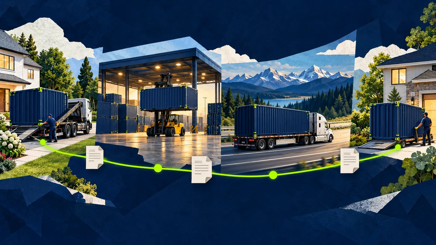 Illustrated custody milestones from container pickup through terminal, line haul, and destination