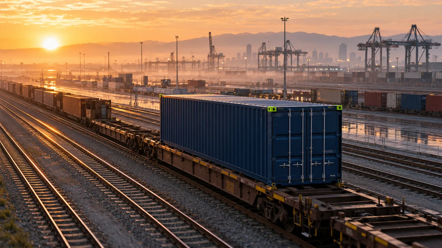 A sealed container travels on an intermodal rail flatcar through a terminal at sunrise