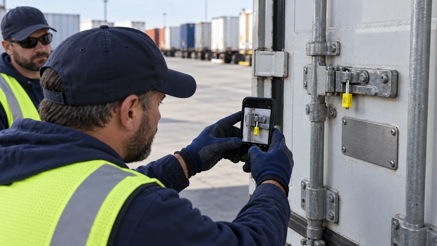 Terminal worker photographs a container door seal and equipment identifier