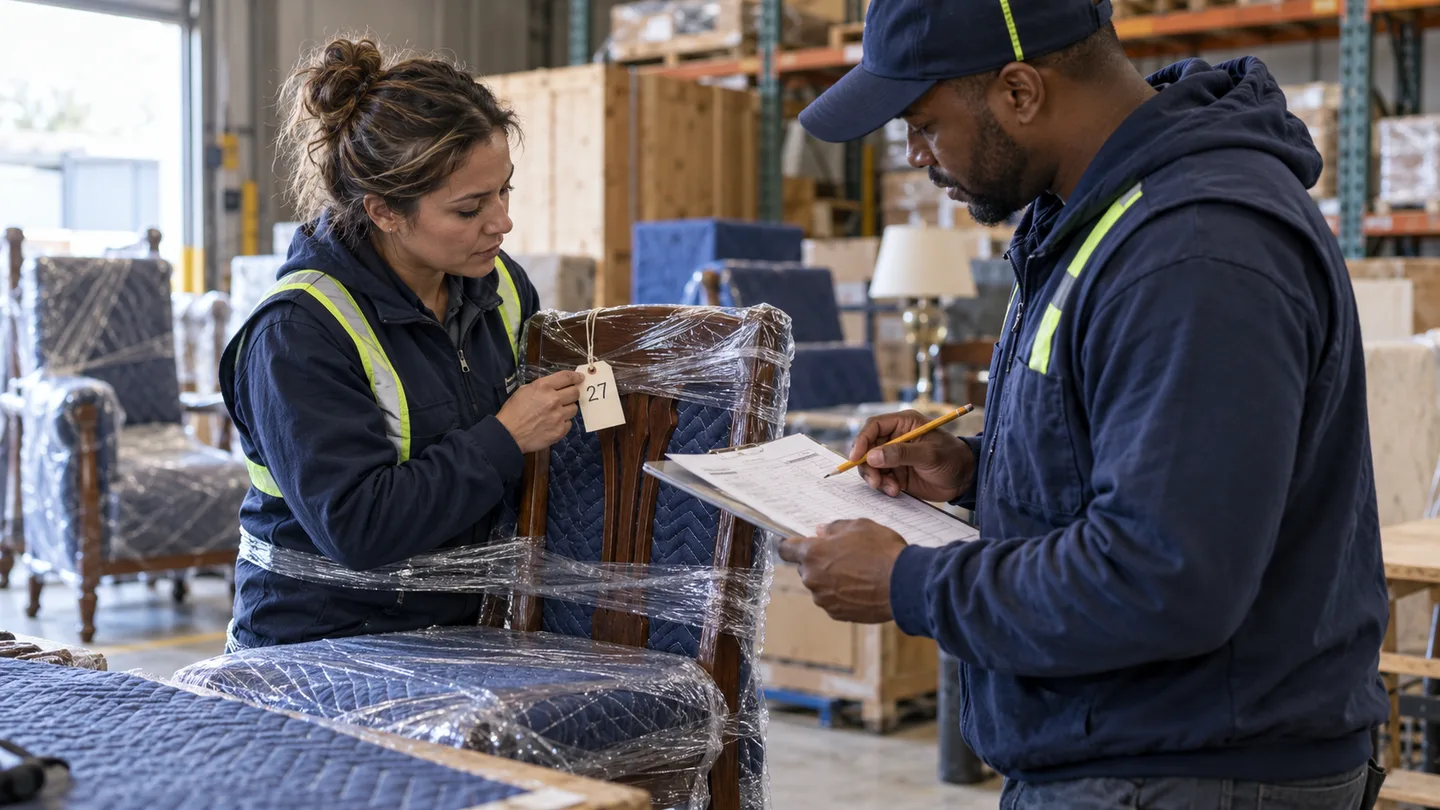 Warehouse receiver and pickup crew leader reconcile an inventory tag on a wrapped dining chair