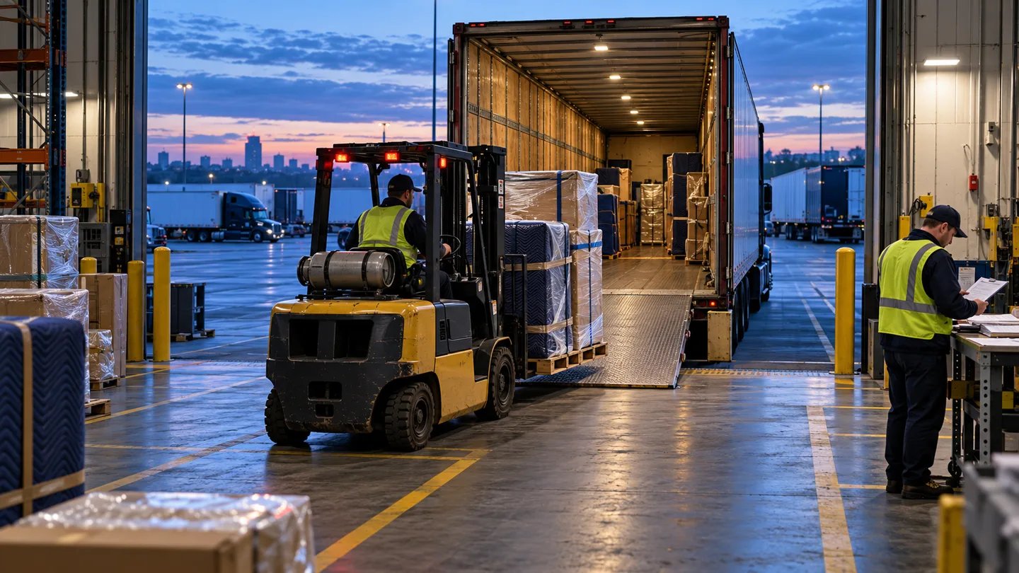 Forklift operator moves a protected household load from an origin warehouse into a line-haul trailer at dawn