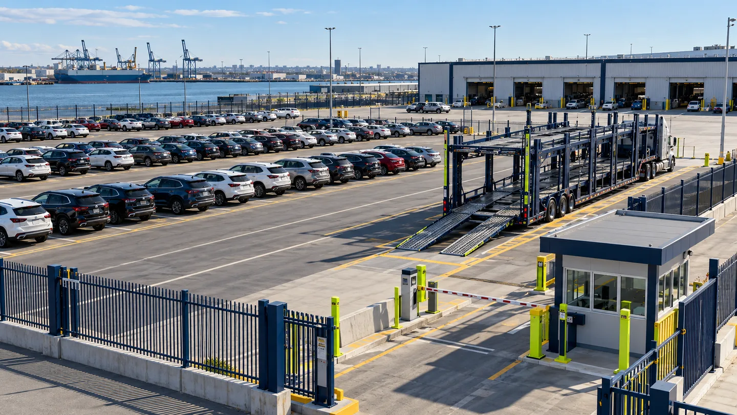 Organized auto shipping terminal with a gatehouse, holding rows, and an empty car carrier